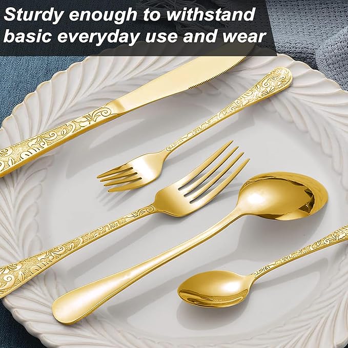 Runfly Vintage Carved Gold Stainless Steel 20 Pieces Flatware Set, Golden Silverware Set, Modern Embossed Cutlery Set Utensils Including Fork Spoon and Knife