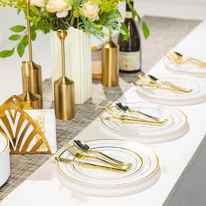 200PCS Gold Plastic Plates, Disposable Party Plates with Gold Rim, Include 100 Dinner Plate and 100 Elegant Dessert Plate for Party and Wedding