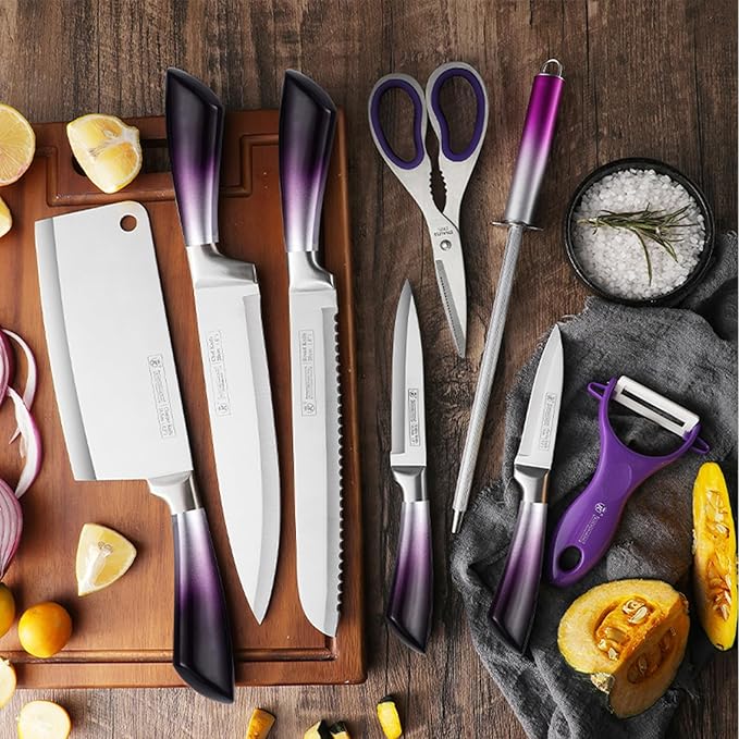 Purple Professional 9-Piece Kitchen Knife Set with Acrylic Block - Non Stick Sharp Stainless Steel Chef Knives with Sharpener