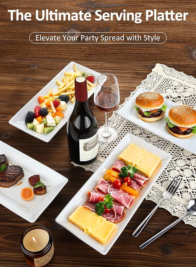 Yedio 14” White Porcelain Serving Platters, Elegant Large Rectangular Plates Trays for Dinner Parties, Appetizers, Sushi, Desserts & More, Microwave & Dishwasher Safe, Set of 4