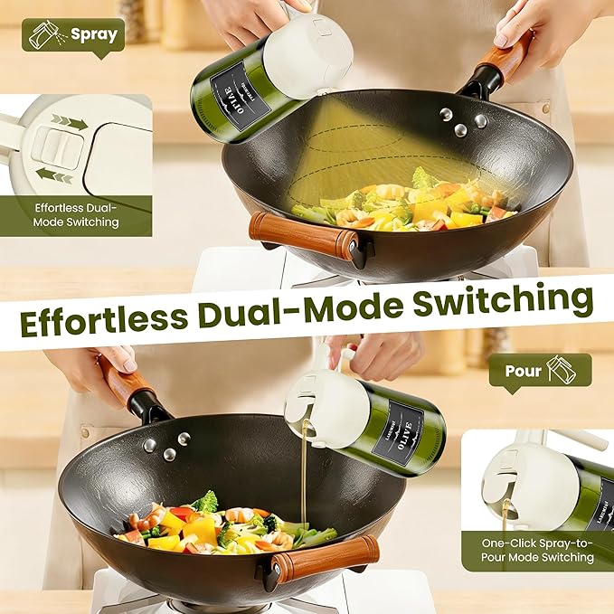 2 in 1 Oil Sprayer for Cooking, 16oz Olive Oil Dispenser Bottle for Kitchen, Food Grade Light-Blocking Leak Proof Glass Spray Bottle for Salad, Air Fryer, BBQ