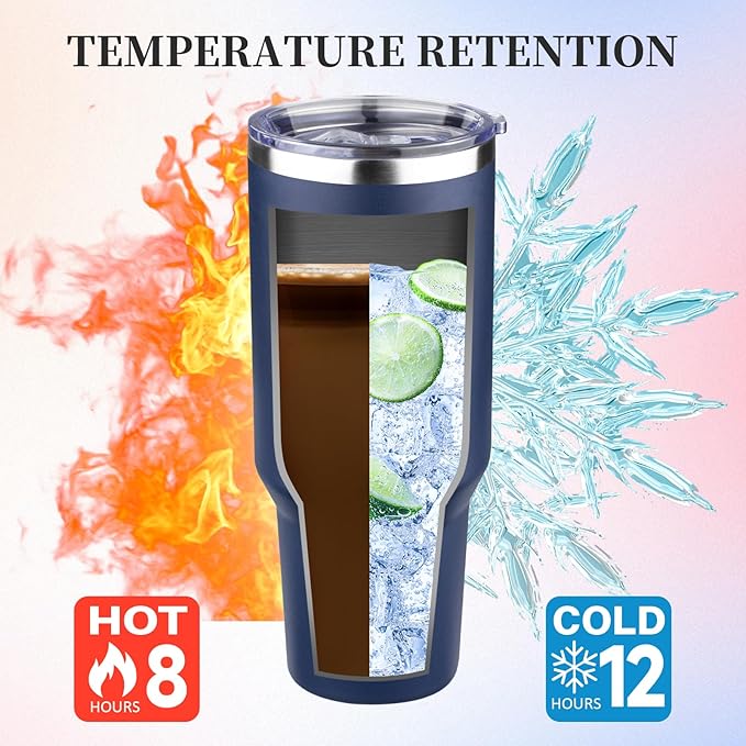 40 oz Tumbler with Lids and Straws Double Wall Vacuum Insulated Tumbler Cup,Stainless Steel Leak-proof Thermal Tumbler Powder Coated Travel Coffee Mug for Cold and Hot Drinks,Navy Blue