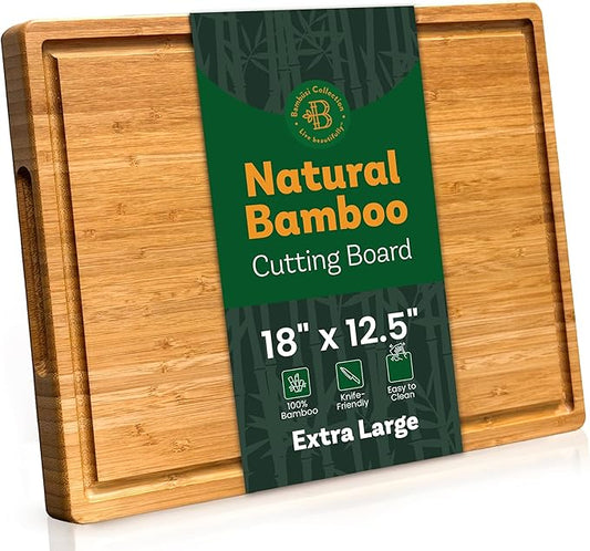 Bamboo Cutting Board for Kitchen - 18" Extra Large Wooden Cutting Board, Heavy Duty Chopping Board with Side Handles, Deep Juice Groove, Reversible Charcuterie & Cheese Board for Meat and Serving