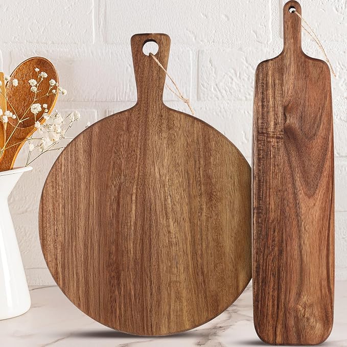 Hsei 2 Pcs Acacia Wood Cutting Board with Handle Wooden Charcuterie Board Large Paddle Carving Chopping Set Butter Serving Tray for Cheese Meat Fruit Bread (Classic Handle,16x12,19x4.7 Inch)