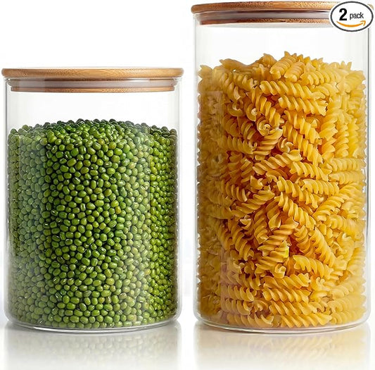 Extra Large Glass Flour and Sugar Storage Containers with Airtight Lid,132 floz x1 & 65 floz x1 [Set of 2] Big Glass Jars with Bamboo Lids, Air Tight Food Jar for Cereal, Pasta, Rice, Coffee