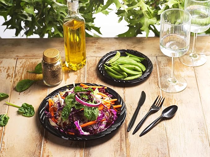 Munfix 200 Black Plastic Plates Set - 7 Inch Disposable Dessert/Salad Plates, Bulk Pack for Party, BBQ, Picnic, Parties, Travel and Events, Microwavable Recyclable