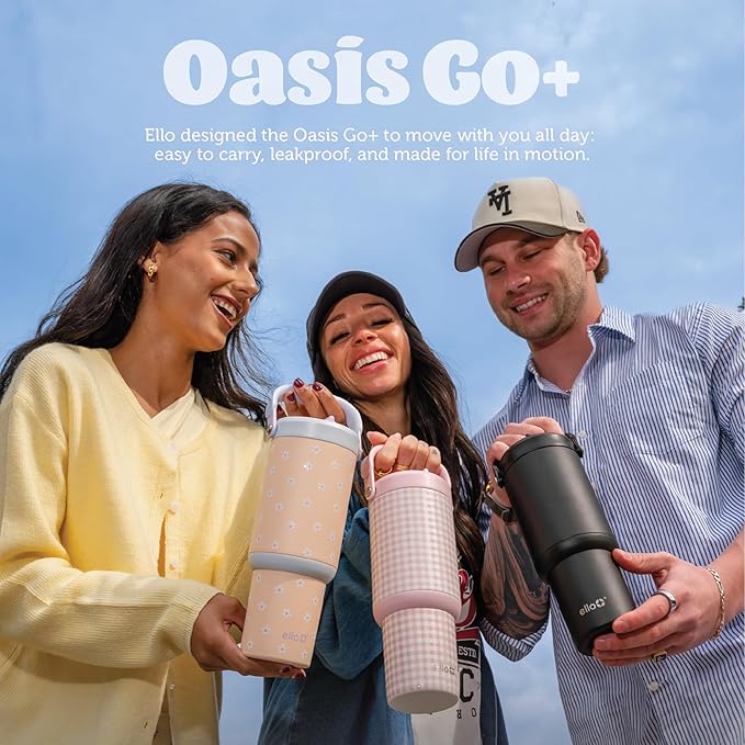 Ello Oasis Go+ 32oz Tumbler with Top Handle and Retracting Straw | Reusable Insulated Stainless Steel Cup, 100% Leakproof Water Bottle, 24 Hours Cold, Cup Holder Friendly For Travel | Black