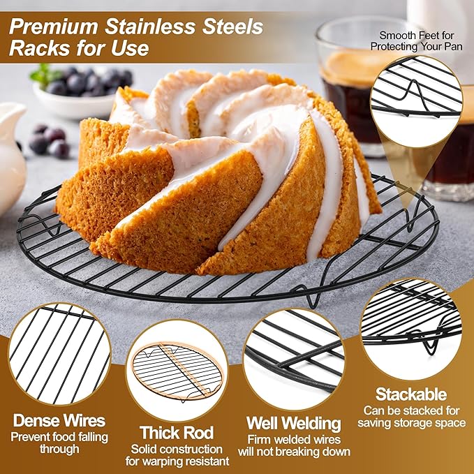 P&P CHEF Round Cooling Rack Set, Round Wire Racks for Cooking Baking, Fit Air Fryer & Oven, Stainless Steel Core with Nonstick Coatings, Black, 6 PCS - 7.5 & 9 & 10.5 Inch