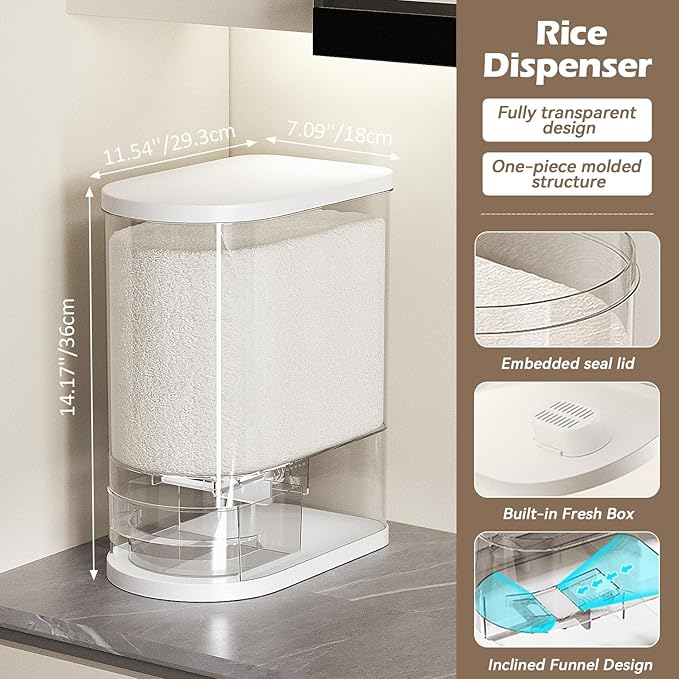 Rice Dispenser 22-25 Lbs Rice Storage Container with Measuring Cup Moisture Proof, Large Cereal Dry Food Storage, Household Airtight Food Dispenser Bucket for Kitchen Pantry Organization