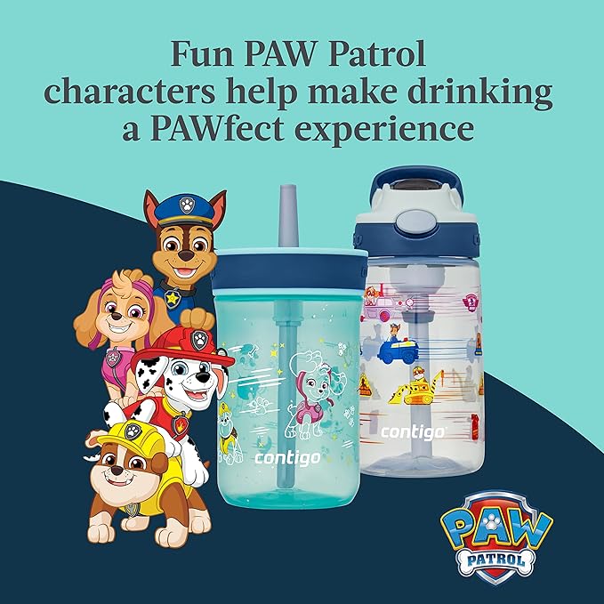 Contigo Leighton Kids Water Bottle, 2-Pack, 14oz, Paw Patrol, Spill-Proof, Dishwasher Safe Tumbler with Straw, Blue and Yellow