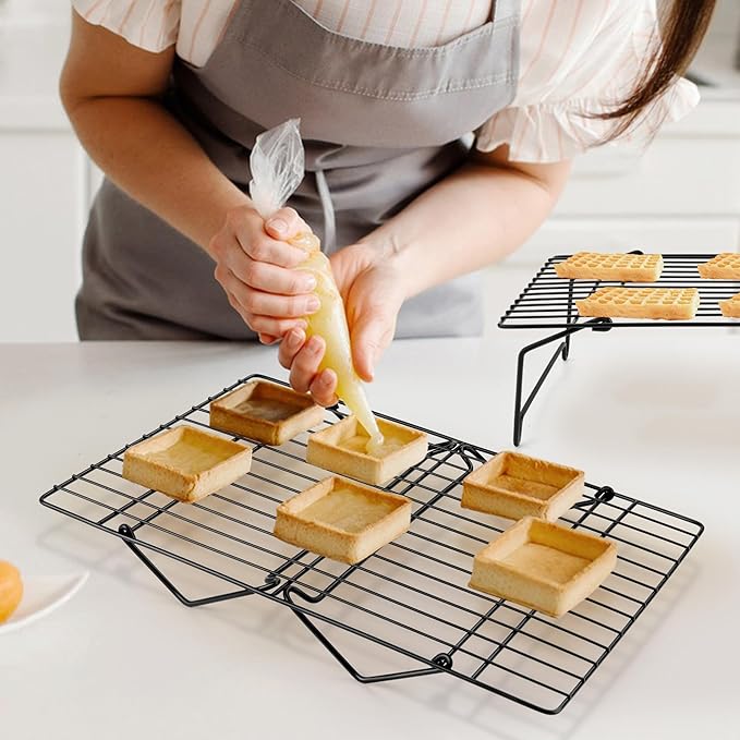 Leonyo Cooling Rack, 2 Tier Stainless Steel Stackable Baking Cooking Racks for Cooling Roasting Grilling, Collapsible & Heavy Duty, Oven Safe & Easy Clean, 15" x 10", Black