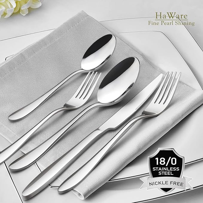 HaWare 60-Piece Silverware Set for 12, Stainless Steel Flatware Cutlery Tableware for Home, Modern Ergonomic Eating Utesils, Mirror Polished, Dishwasher Safe
