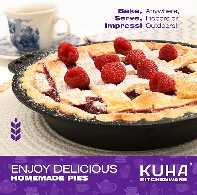 KUHA Cast Iron Pie Pan | Pre-Seasoned Round Cast Iron Pan for Apple, Pumpkin & Cherry Pies, Quiche & Tarts | For Baking & Serving | Silicone Trivet Included | 9", 2" Deep