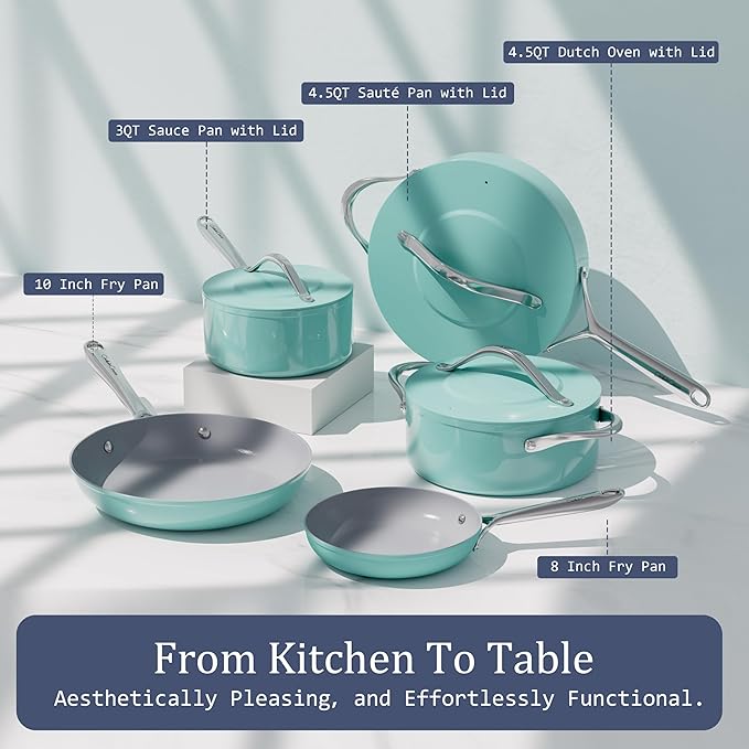 Stock Pot 4.5qt Dutch Oven with Lid (9.5"x 4") Nonstick Ceramic Coated Non-Toxic PFAS-Free Even Heat Distribution for Braising, Baking Bread & Soups, Compatible for All Cooktops(Induction/Gas/Electric) Oven Safe to 500°F (Caribbean Blue)