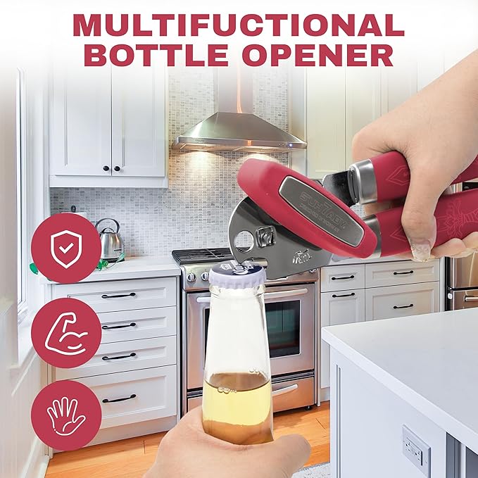 Manual Can Opener with Magnet, Heavy Duty Hand Can and Bottle Opener with Stainless Steel Blade and Rubber Grip, Smooth Cutting Hand Can Openers for Senior, Magnetic Lid Remover Kitchen Tool (Red)
