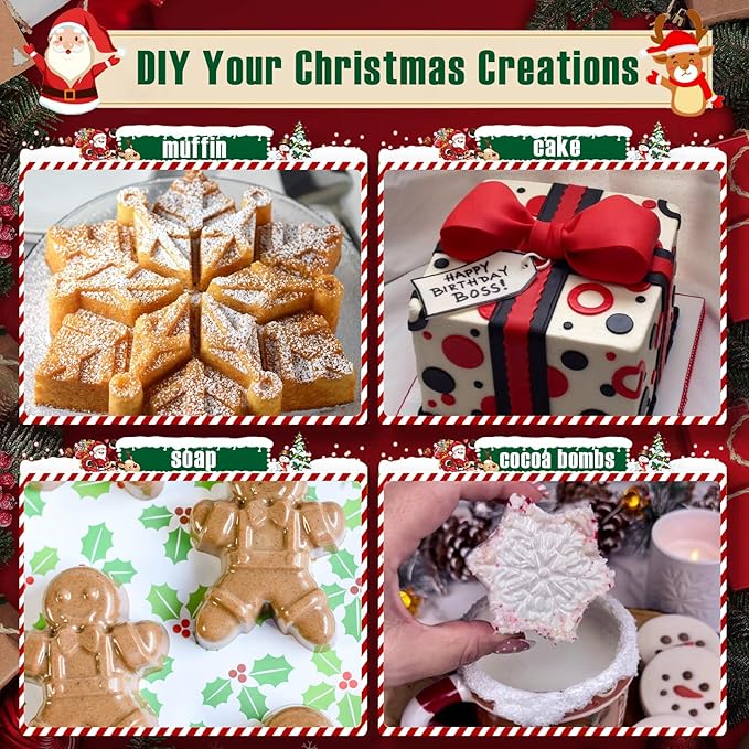 HKNMTT Large Christmas Silicone Molds for Baking Cake Muffins Oven Safe Freezing Soap Candle Cocoa Bomb Food Grade Tray, Deep Snowflake Tree Santa Gingerbread Gift Bell 6 Holiday Shapes Mould 2PCS
