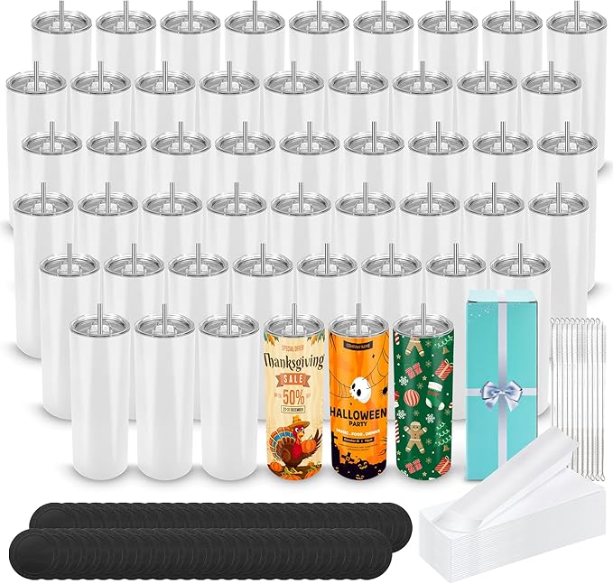 D·S 50 Pack Sublimation Tumblers 20 oz Bulk Skinny Straight Flat Bottom Blank Tumbler Cups with Individual Gift Boxed for Heat Transfer DIY Craft