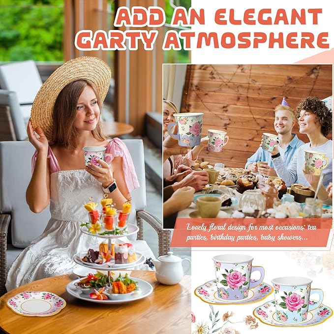Umigy 60 Sets Spring Tea Party Decorations 6.5 oz Floral Paper Teacups & Saucer Set for Girls Women Afternoon Tea Parties Mothers Day Bridal Shower Wedding Birthday Party Decorations(Gradient Color)