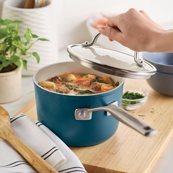 KitchenAid Hard Anodized Ceramic Induction Nonstick Cookware Saucepan with Lid, Dishwasher Safe, 2 Quart Non Stick Sauce Pan with Stainless Steel Handle - Agave Blue