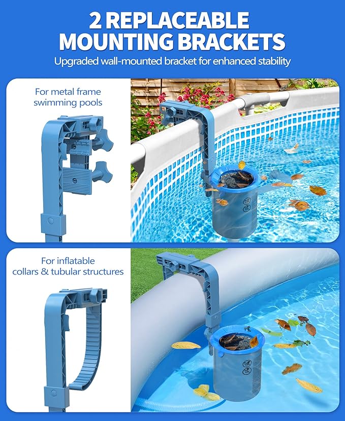 Upgrade Above Ground Pool Skimmer Comes with 3 Socks, Anti-tilt Wall Mount Surface Skimmer, Removable Skimmer Basket, Adjustable Height Bracket, Auto Skimming Pool Surface Leaves - Blue