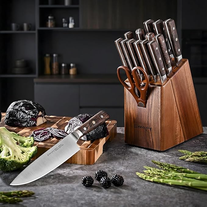 Knife Set，Emojoy 16-Piece Kitchen Knife Set with Block, Knife Block Set with Kitchen Shears and Sharpener, High Carbon German Steel(Natural Wenge)