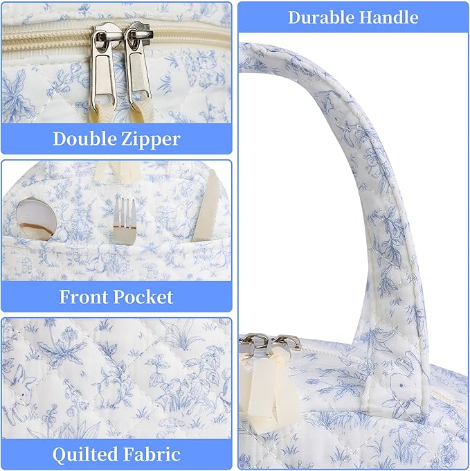 Quilted Lunch Box for Women,Coquette Aesthetic Lunch Box for Teen Girls,Cute Floral Lunch Bags for Work, School,Office,Picnic,Travel (blue floral rabbit)