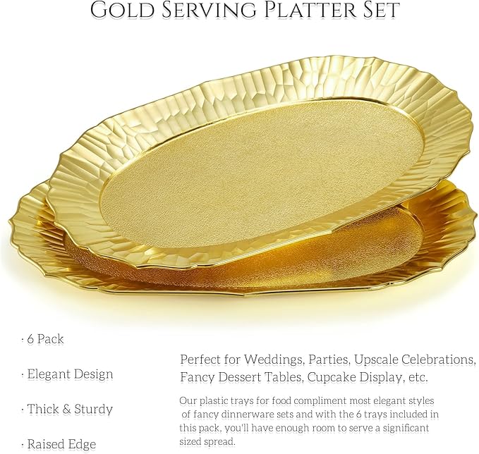 AVLA 6 Pack Plastic Serving Tray, Gold Serving Platter Set, Reusable Party Snack Serving Tray, Decorative Food Appetizer Platters for Dessert Table, Cupcake, Charcuterie, Cookies, 14" x 8.5"