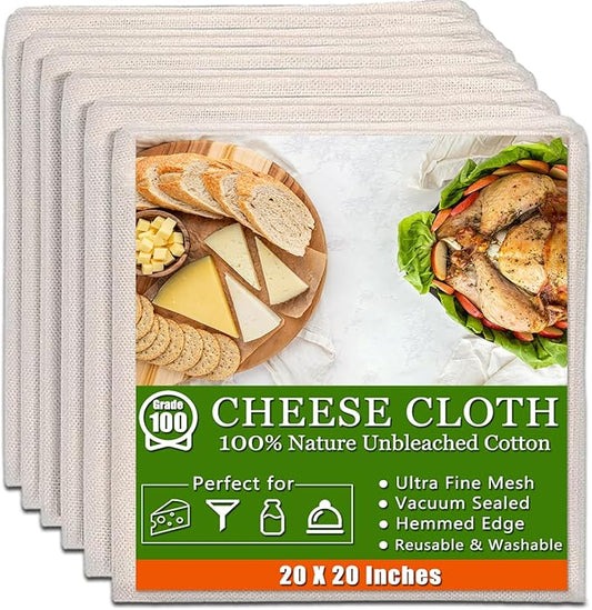6 Pcs Cheese Cloths, 20x20 Inch, 100% Unbleached Cotton, Grade 100 Reusable Cheese Cloth With Fabric Fine Mesh Cloth, Reusable Muslin Cheesecloth for Straining, Juicing, Cooking, Baking
