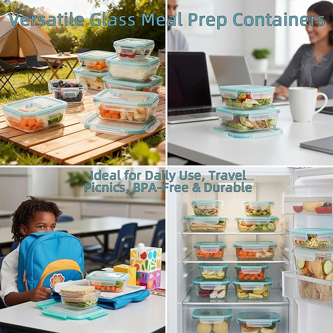 8 Pack Glass Meal Prep Containers with Lids, Glass Food Storage Containers with Airtight Vent Hole Lids, Lunch Containers Sets with lids Glass, Microwave Oven Freezer Dishwasher Safe