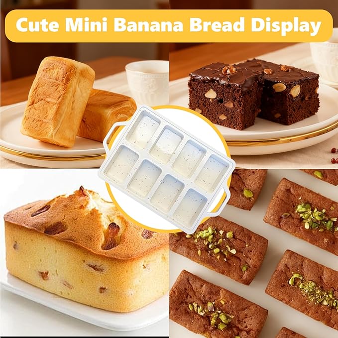 3PCS Silicone Mini Loaf Pans with Metal Reinforced Frame and Gloves, 8 Cavity Non Stick Small Bread Pan, Small Bread Pans for Baking, Tiny Meatloaf Pan for Brownie Pan-Cream Dishwasher Safe BPA Free
