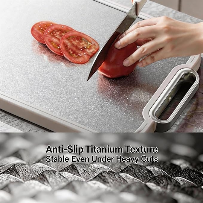 Double Sided Cutting Board – 100% Pure Titanium & Food-Safe PP Surface (17.5"x11.9"x1") – 2-in-1 Chopping Board for Raw Meat and Veggies, with Anti-Slip Feet, Juice Groove, Easy to Clean,Large Size