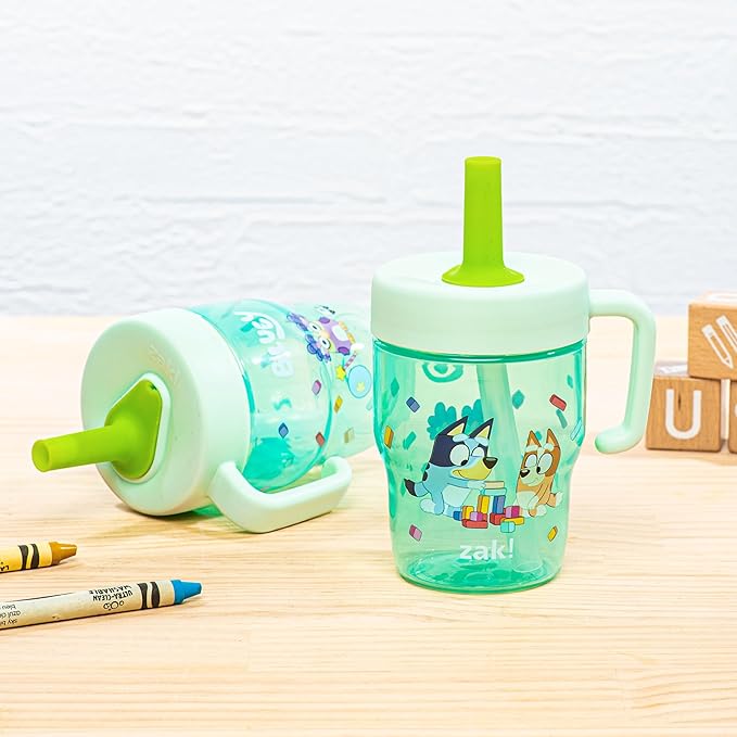 Zak Designs Bluey Capri Toddler Tumbler For Travel or At Home, 10oz 2-Pack Durable Plastic Sippy Cups With Handle and Leak-Proof Design are Perfect For Kids (Bluey and Bingo)