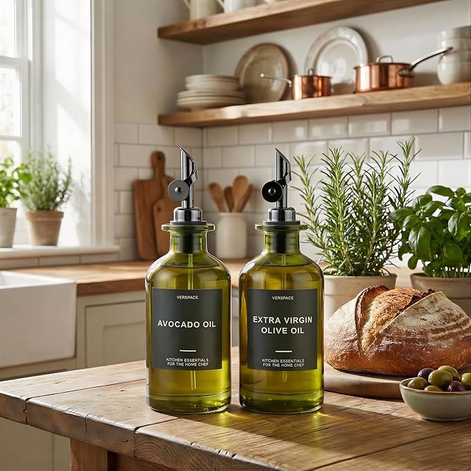UV-Protected Green Glass Olive Oil Dispenser Bottles For Kitchen - Includes 40 Kitchen Essential Labels, Avocado Oil Dispenser Set, Modern Decor for Home, Airbnb, Cafe Set of 2