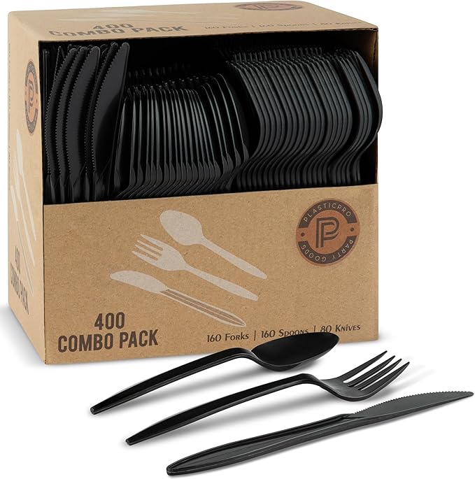 PLASTICPRO 400 Pack Disposable Plastic Utensils Assorted Colored Cutlery Combo Set Forks Spoons Knives Silverware, Black Plastic Cutlery for Parties