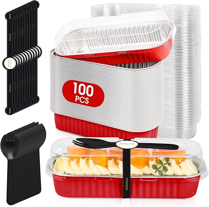 100 Pack Mini Cake Pans with Lids and Spoons,Disposable Aluminum Foil Cake Tins（6.8oz） Individual Small Cake Baking Containers for Party,Wedding,Birthday