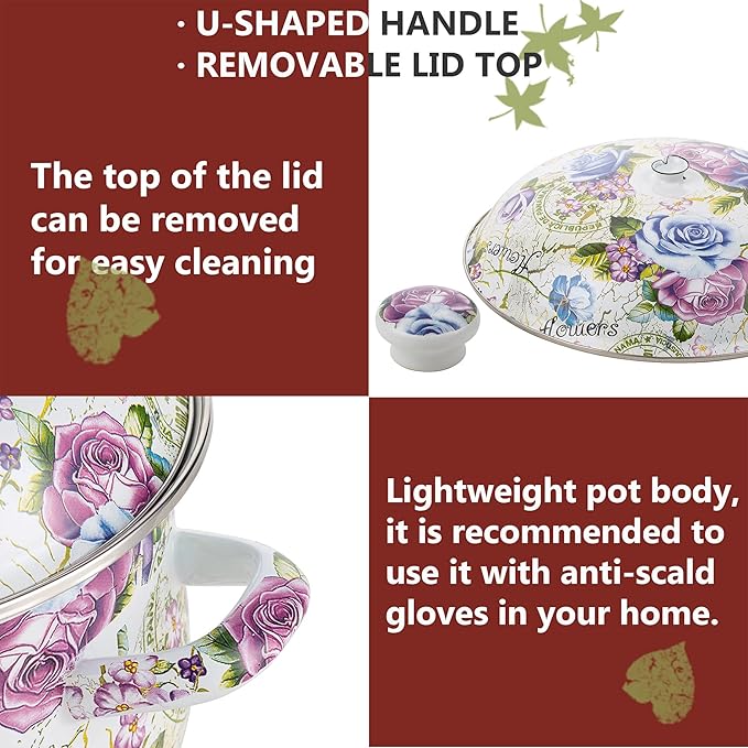 Retro Flower Enamel Stockpot with Lid,Stockpots for Cooking,Retro Classic Design(5L-Blue Rose)