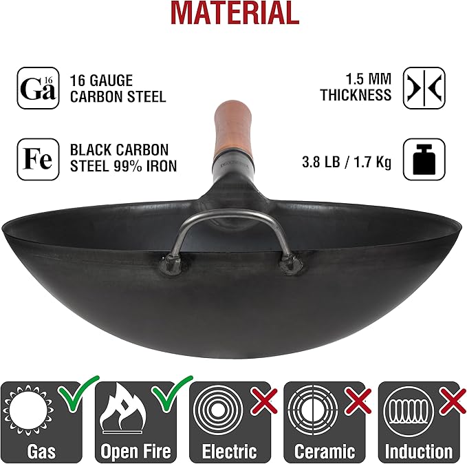 YOSUKATA Carbon Steel Wok Pan 14 in + Premium Wok Cover 14 inch Pan Lid - Wooden Lid 14 in with Ergonomic Handle