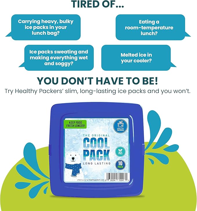 Healthy Packers® Reusable Ice Packs for Lunch Boxes Kids and Adults | Long‑Lasting Thin Freezer Packs for Coolers, Bento Boxes, Lunch Bags, Travel, School Meals, Meal Prep (10-Pack | Square)