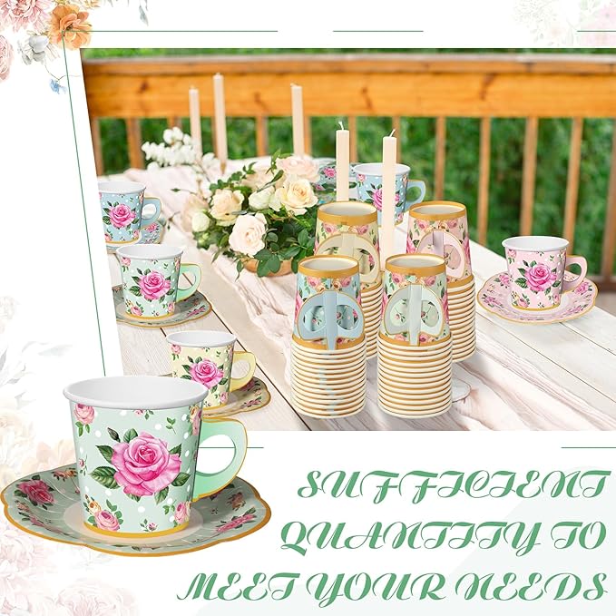 Umigy 60 Sets Spring Tea Party Decorations 6.5 oz Floral Paper Teacups & Saucer Set for Girls Women Afternoon Tea Parties Mothers Day Bridal Shower Wedding Birthday Party Decorations(Multicolor)