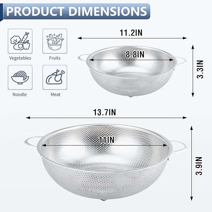 Colander Stainless Steel 5-Quart, Metal Strainers with Base, Strainer for Kitchen Food, Dishwasher Safe