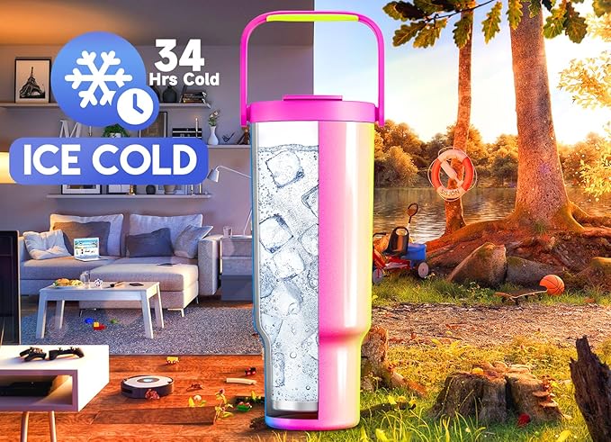 Meoky 40 oz Tumbler with Handle and Straw, Insulated Water Bottle, Stainless Steel Travel Mug, Keeps Cold for 34 Hours, 100% Leak Proof, Fits in Car Cup Holder (Carnival)