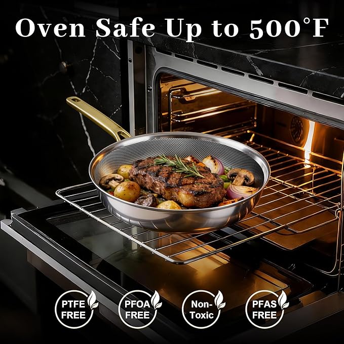 FogDream Titanium Non Stick Frying Pan, 10in Tri-Ply Hybrid Stainless Steel Skillet with Spatulas, All-in-One Cookware, Stay Cool Handle, Dishwasher & Oven-Safe,Induction Compatible,Gold