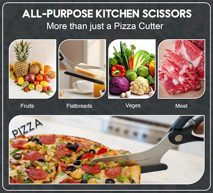 Pizza Scissors with Non Stick Slice Server. Sharp Pizza Cutting Without Topping Mess.Firm Grip, Food Grade Stainless Steel Pizza Cutter. Dishwasher Safe. 4 in 1 Kitchen Tool