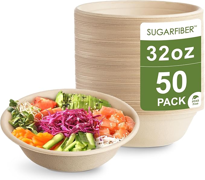 [50 COUNT]Harvest Pack PFAS FREE 32oz Paper Compostable Bowls Only, Round Heavy-Duty Eco-Friendly Disposable Bagasse Large Soup Bowls, sugarcane made for Meal Prep Takeout Dinnerware, Microwave Safe