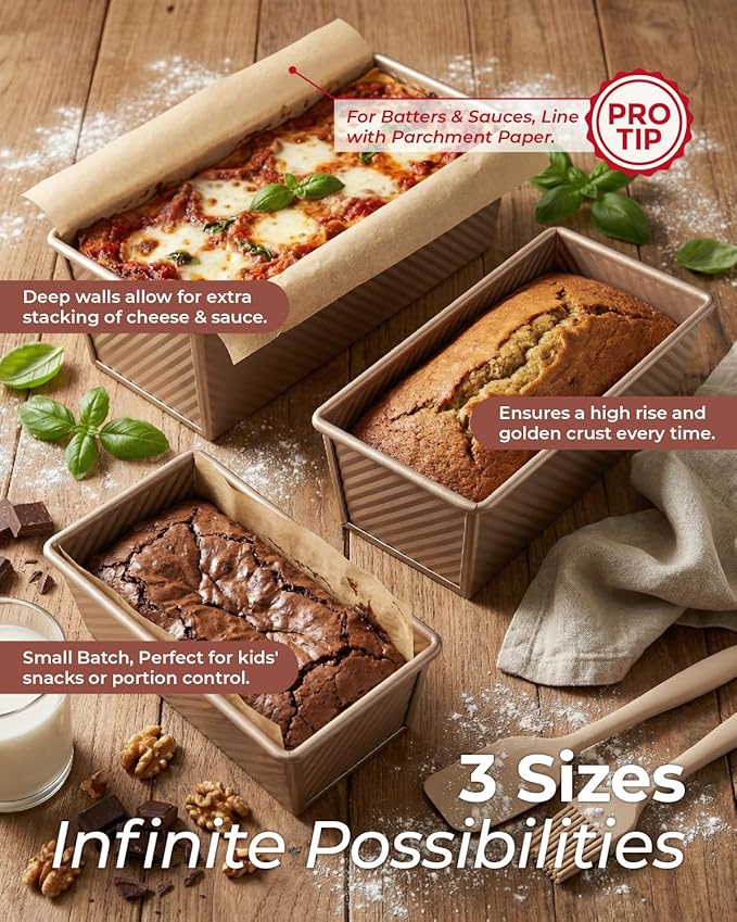 CARTMAN Bread Loaf Pan 2 Pack, 9x4 Pullman Loaf Pan with lid and a Silicone Spatula and Basting Pastry Brush, 1 lb Dough Capacity,Non-Stick Carbon Steel bread pans for homemade bread Champagne Gold