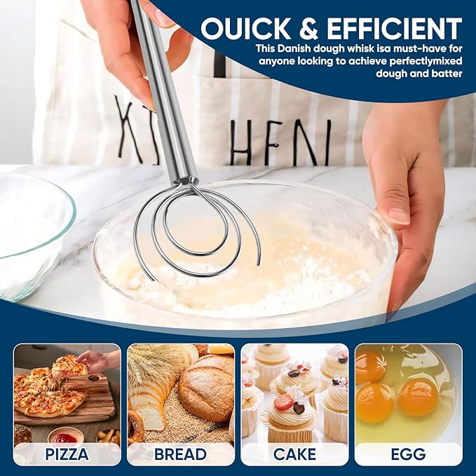 Danish Dough Whisk Stainless Steel Hook Dutch Mixer Tool for Bread Sourdough Baking Mixing with Wooden Handle