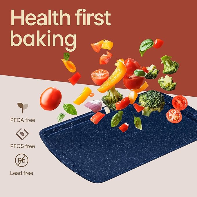 BAKKEN Kitchen Baking Pan Set - Nonstick Coating, Commercial Grade Carbon Steel Bakeware Sets, Baking Kitchen Essentials, PFOA, PFOS, PTFE Free, Oven Safe Tray (Up To 450° F), Set of 3, Blue Marble