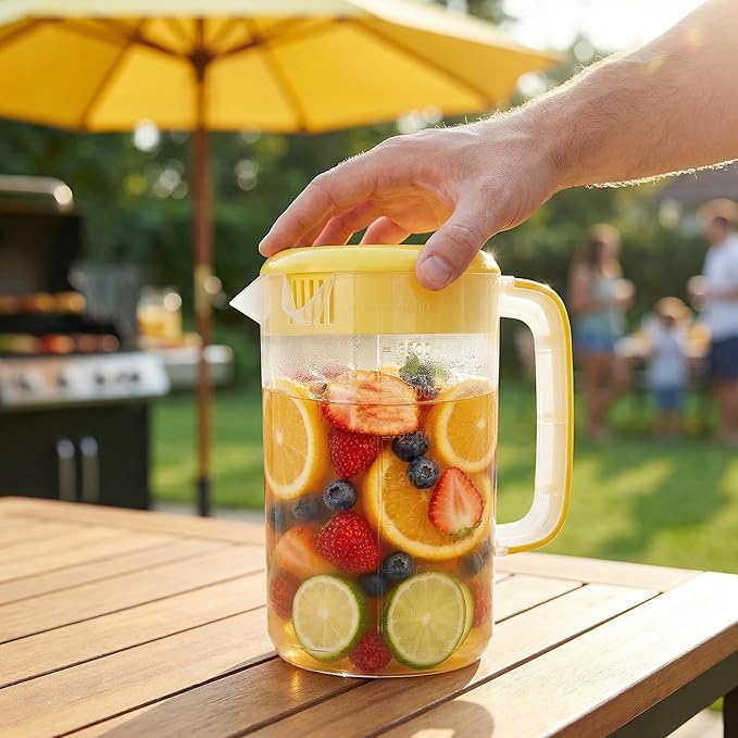 Jucoan 2 Pack 1 Gallon Plastic Pitcher with Lid, Large Water Drink Pitcher, Ice Tea Pitchers with Strainer Cover, Handles, Measurements for Party Sun Tea, Lemonade, Sangria, Cold Brew
