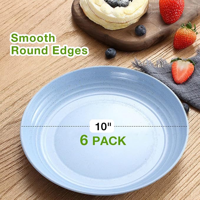 Mfacoy 6 Pack Unbreakable Dinner Plates, 10 Inch Wheat Straw, Reusable Deep Plastic, Lightweight for Camping/Kitchen, Dishwasher & Microwave Safe, Kids-Toddler & Adult