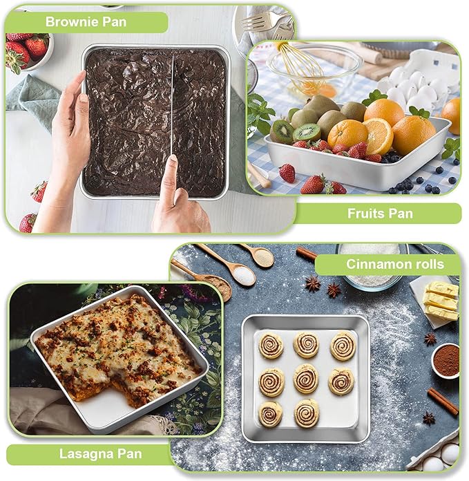 TeamFar 9 Inch Square Cake Pan Set of 2, Stainless Steel Square Baking Pan for Lasagna Cake Brownie, Healthy & Heavy Duty, Dishwasher Safe & Easy Clean, Deep Wall & Smooth Edge